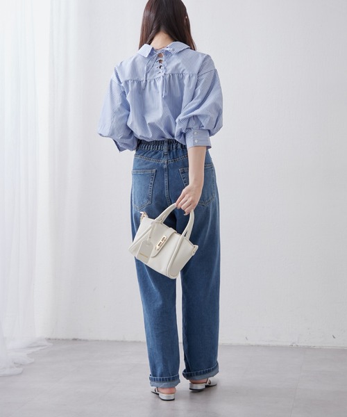 Remind me and forever(リマインドミーアンドフォーエバー)の「【大好評!新色追加!】後ろレースアップボリューム袖ブラウス(シャツ/ブラウス・レディース・ブルー/オフホワイト/その他1/その他2/ネイビー/ミント/ベージュ・FREE)」の14枚目の写真