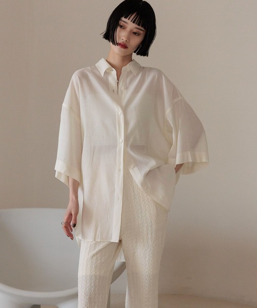 LOWRYS FARM（ローリーズファーム）の「シアーＢＩＧシャツＳＳ　 325470（シャツ/ブラウス・レディース・チャコールグレー/アイボリー/カーキ/イエロー・FREE）」の5枚目の写真
