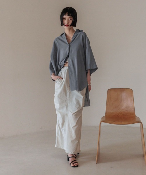 LOWRYS FARM（ローリーズファーム）の「シアーＢＩＧシャツＳＳ　 325470（シャツ/ブラウス・レディース・チャコールグレー/アイボリー/カーキ/イエロー・FREE）」の9枚目の写真