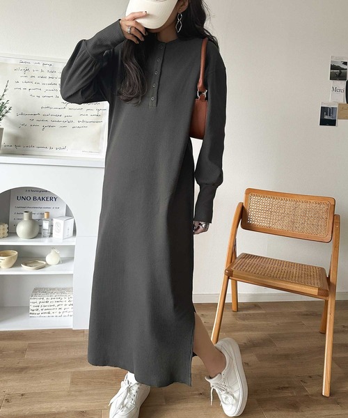 ルネ♡長袖ワンピース セール】リラックス感とお洒落を両立。2wayヘンリーネックリブ