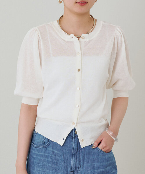 LOUNGEDRESS(ラウンジドレス)の「シアー半袖2WAYニットカーデ(ニット/セーター・レディース・ブラック/ベージュ/オフホワイト/サックスブルー・FREE)」の9枚目の写真