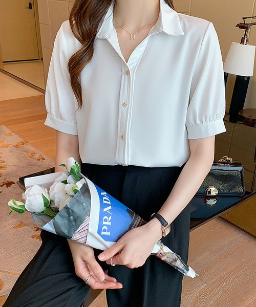 BLANC FICELLE(ブランフィセル)の「とろみ開襟パフスリーブブラウス(シャツ/ブラウス・レディース・ホワイト/ブルー・M/L/XL)」の15枚目の写真