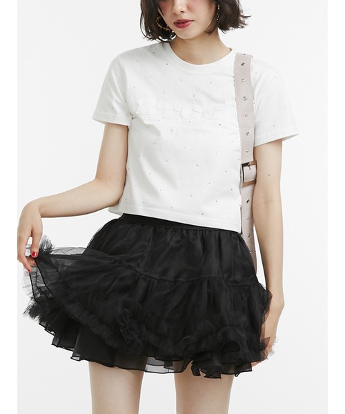 jouetie（ジュエティ）の「ラインストーンロゴTシャツ（Tシャツ/カットソー・レディース・ブラック/オフホワイト・MEDIUM）」の2枚目の写真