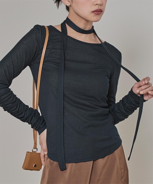 miette（ミエット）の「タイ付きシャーリングシアートップス（Tシャツ/カットソー・レディース・ブルー/オフホワイト/ネイビー/ブラウン/ピンク・FREE）」の4枚目の写真