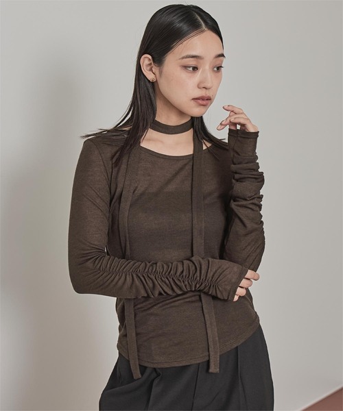 miette（ミエット）の「タイ付きシャーリングシアートップス（Tシャツ/カットソー・レディース・ブルー/オフホワイト/ネイビー/ブラウン/ピンク・FREE）」の3枚目の写真