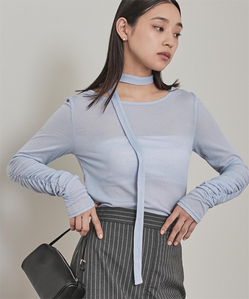 miette（ミエット）の「タイ付きシャーリングシアートップス（Tシャツ/カットソー・レディース・ブルー/オフホワイト/ネイビー/ブラウン/ピンク・FREE）」の5枚目の写真