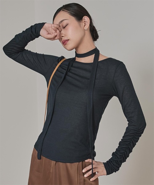 miette（ミエット）の「タイ付きシャーリングシアートップス（Tシャツ/カットソー・レディース・ブルー/オフホワイト/ネイビー/ブラウン/ピンク・FREE）」の19枚目の写真