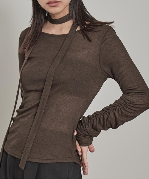 miette（ミエット）の「タイ付きシャーリングシアートップス（Tシャツ/カットソー・レディース・ブルー/オフホワイト/ネイビー/ブラウン/ピンク・FREE）」の17枚目の写真