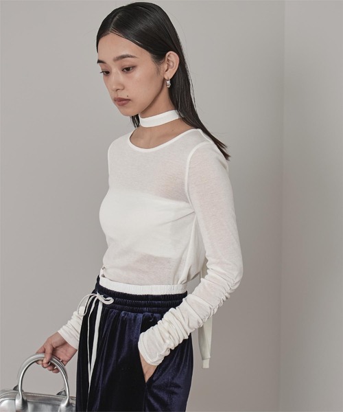 miette（ミエット）の「タイ付きシャーリングシアートップス（Tシャツ/カットソー・レディース・ブルー/オフホワイト/ネイビー/ブラウン/ピンク・FREE）」の6枚目の写真