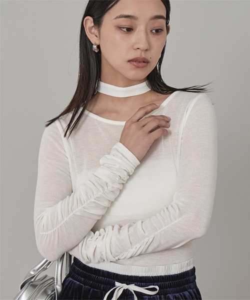 miette（ミエット）の「タイ付きシャーリングシアートップス（Tシャツ/カットソー・レディース・ブルー/オフホワイト/ネイビー/ブラウン/ピンク・FREE）」の11枚目の写真