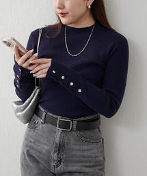 袖ボタンハイネックリブプルオーバー