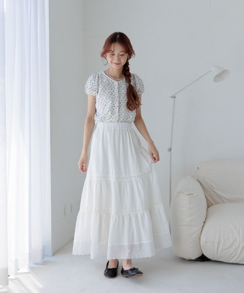 flower(フラワー)の「ブルームコットンスカート(スカート・レディース・ホワイト/ブラウン・FREE)」の7枚目の写真