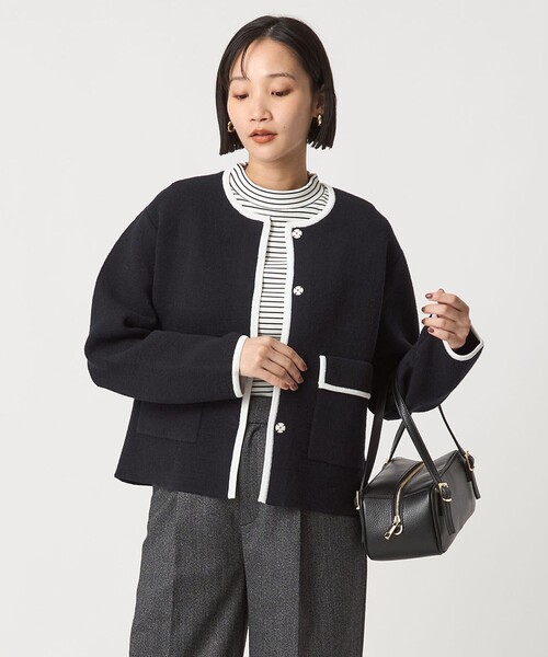 セール】パイピング ノーカラー ニット カーディガン -ウォッシャブル