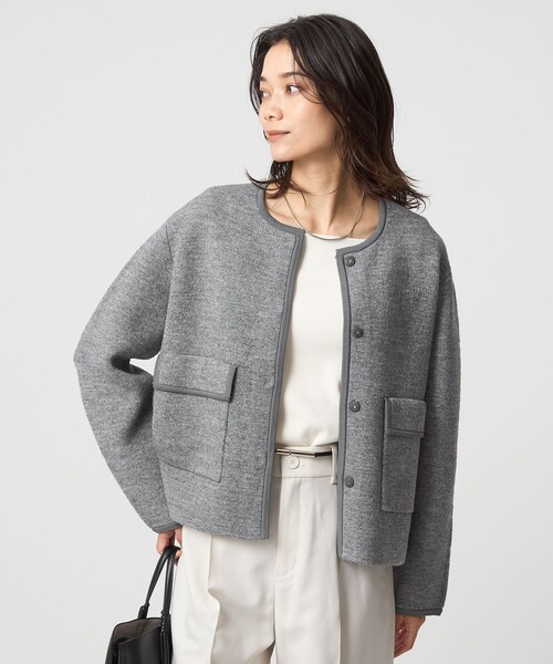 セール】パイピング ノーカラー ニット カーディガン -ウォッシャブル