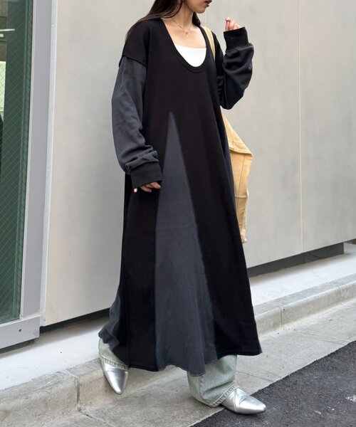 etsinta(エシンタ)の「etsintaリメイクワッフルワンピース(ワンピース・レディース・ブラック/グレー・ONE SIZE)」の4枚目の写真