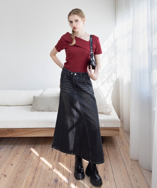 CLEAR BASIC（クリアベーシック）の「【低身長用サイズ有】デニムフレアロングスカート [着回し力抜群 大人 カジュアル]≪SS新作≫（デニムスカート・レディース・ブラック/ブルー・PS/S/M）」の6枚目の写真