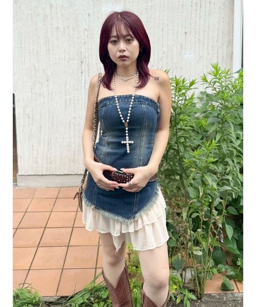 EVRIS（エヴリス）の「フリルドッキングデニムベアミニワンピース（ワンピース・レディース・ライトブルー/インディゴブルー・MEDIUM/SMALL）」の12枚目の写真