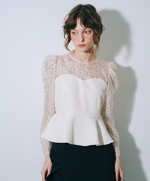 SELFIST | 【新素材追加】【完売カラー再入荷】ドットフロッキーペプラムブラウス オケージョン パフショルダー クリスマス パーティー(シャツ/ブラウス)