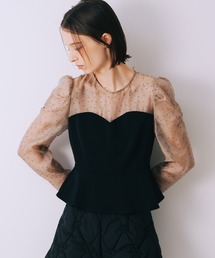 【新素材追加】【完売カラー再入荷】ドットフロッキーペプラムブラウス　オケージョン　パフショルダー　クリスマス　パーティー