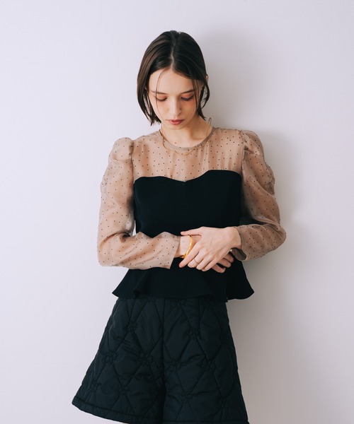 セール】【完売カラー再入荷】ドットフロッキーペプラムブラウス