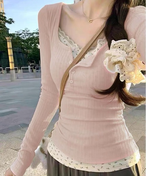 WESTSEA(ウエストシー)の「フェイクレイヤード 長袖 リブトップス 小花柄レースインナー(Tシャツ/カットソー・レディース・ネイビー/オフホワイト/ピンク・L/M)」の3枚目の写真