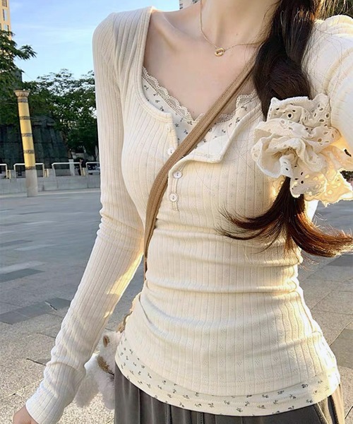 WESTSEA(ウエストシー)の「フェイクレイヤード 長袖 リブトップス 小花柄レースインナー(Tシャツ/カットソー・レディース・ネイビー/オフホワイト/ピンク・L/M)」の7枚目の写真