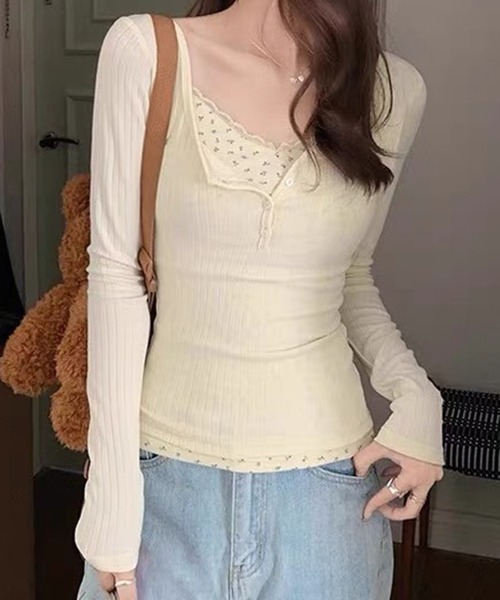 WESTSEA(ウエストシー)の「フェイクレイヤード 長袖 リブトップス 小花柄レースインナー(Tシャツ/カットソー・レディース・ネイビー/オフホワイト/ピンク・L/M)」の6枚目の写真