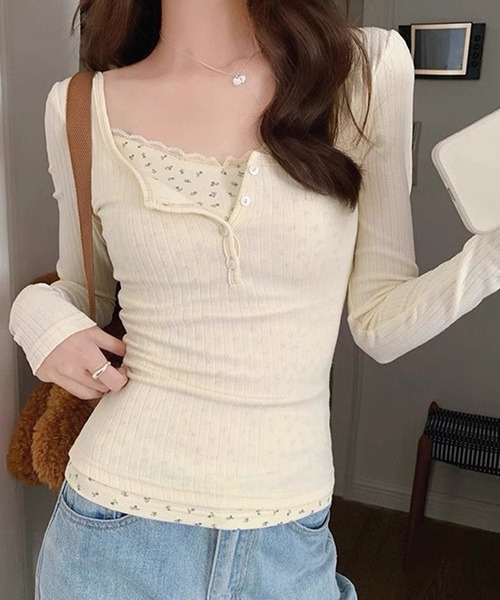 WESTSEA(ウエストシー)の「フェイクレイヤード 長袖 リブトップス 小花柄レースインナー(Tシャツ/カットソー・レディース・ネイビー/オフホワイト/ピンク・L/M)」の5枚目の写真