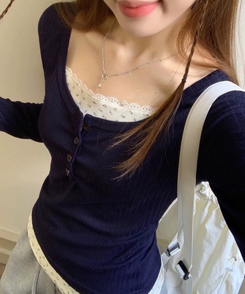 WESTSEA(ウエストシー)の「フェイクレイヤード 長袖 リブトップス 小花柄レースインナー(Tシャツ/カットソー・レディース・ネイビー/オフホワイト/ピンク・L/M)」の12枚目の写真