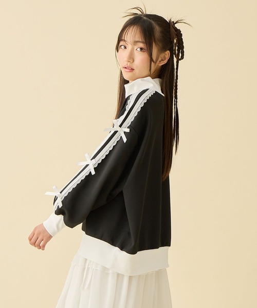 Amourire girl（アムリールガール）の「袖リボンライン ジップアップブルゾン/トラックジャケット（ジャージ・キッズ・ブラック/オフホワイト・140cm/160cm/150cm/130cm）」の22枚目の写真