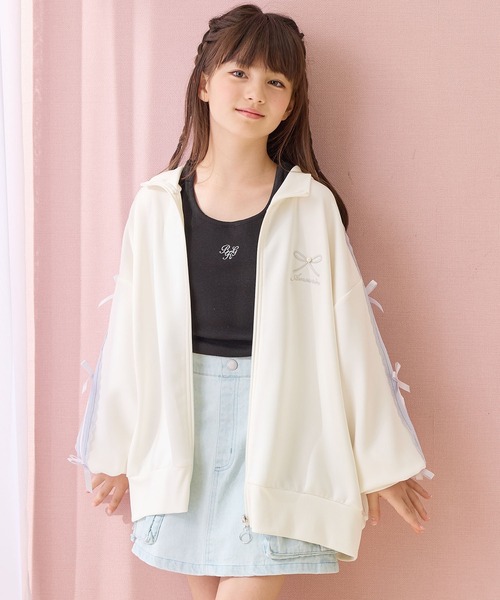 Amourire girl（アムリールガール）の「袖リボンライン ジップアップブルゾン/トラックジャケット（ジャージ・キッズ・ブラック/オフホワイト・140cm/160cm/150cm/130cm）」の10枚目の写真