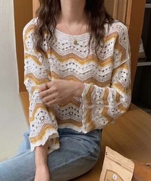 大人かわいいクロシェ長袖プルオーバー
