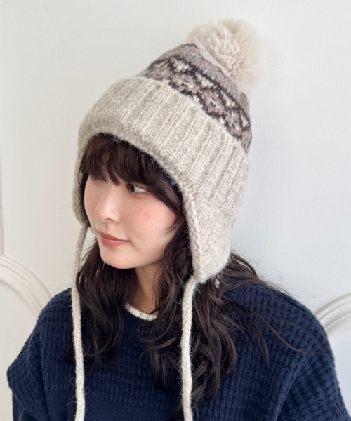 セール】ノルディック柄イヤーフラップニットキャップ（ニットキャップ