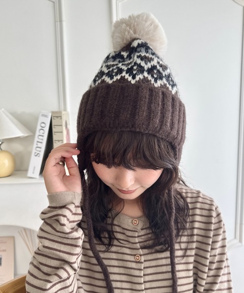 セール】ノルディック柄イヤーフラップニットキャップ（ニットキャップ