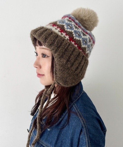 セール】ノルディック柄イヤーフラップニットキャップ（ニットキャップ