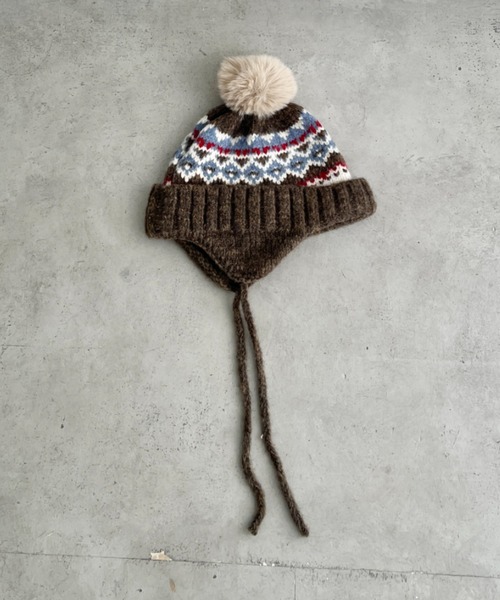 セール】ノルディック柄イヤーフラップニットキャップ（ニットキャップ