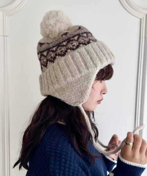 セール】ノルディック柄イヤーフラップニットキャップ（ニットキャップ