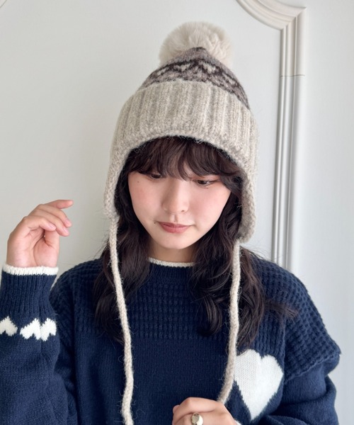 セール】ノルディック柄イヤーフラップニットキャップ（ニットキャップ