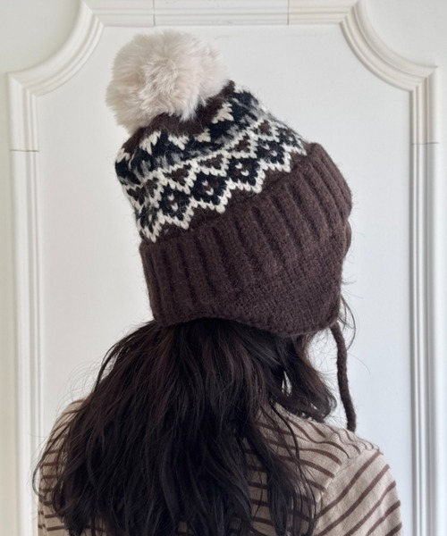 セール】ノルディック柄イヤーフラップニットキャップ（ニットキャップ
