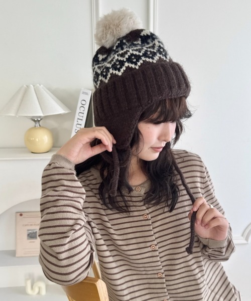 セール】ノルディック柄イヤーフラップニットキャップ（ニットキャップ