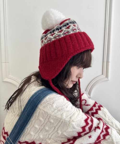セール】ノルディック柄イヤーフラップニットキャップ（ニットキャップ