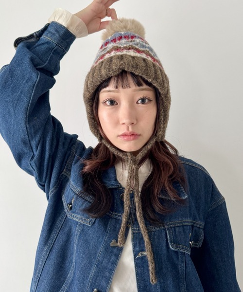 セール】ノルディック柄イヤーフラップニットキャップ（ニットキャップ