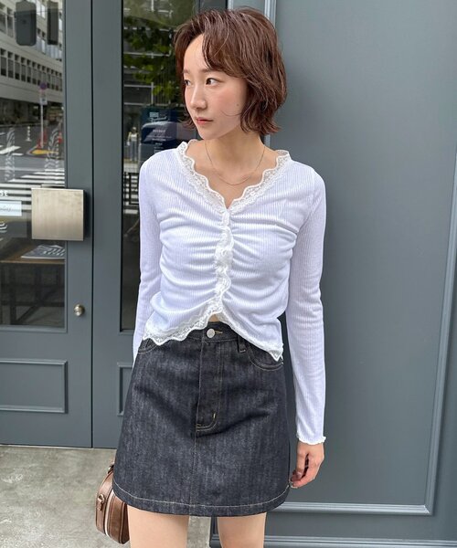 mline（エムライン）の「[mline]シアーレース ギャザーカーディガン（Tシャツ/カットソー・レディース・ブラック/グレー/オフホワイト/ピンク・FREE）」の2枚目の写真