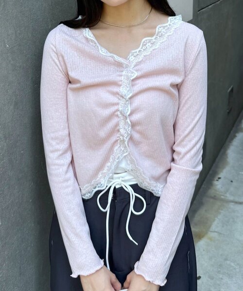mline（エムライン）の「[mline]シアーレース ギャザーカーディガン（Tシャツ/カットソー・レディース・ブラック/グレー/オフホワイト/ピンク・FREE）」の4枚目の写真