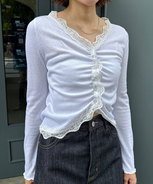 mline（エムライン）の「[mline]シアーレース ギャザーカーディガン（Tシャツ/カットソー・レディース・ブラック/グレー/オフホワイト/ピンク・FREE）」の6枚目の写真