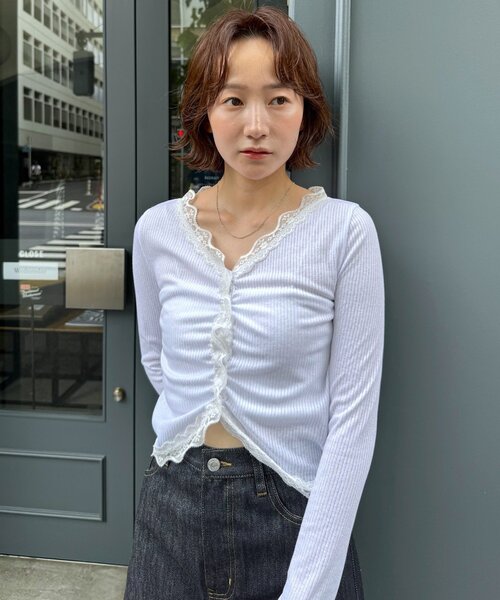 mline（エムライン）の「[mline]シアーレース ギャザーカーディガン（Tシャツ/カットソー・レディース・ブラック/グレー/オフホワイト/ピンク・FREE）」の11枚目の写真