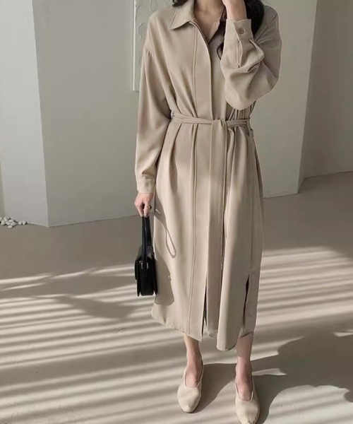 ONEP STAR（ワンピスター）の「サイドスリット×ウエストマークワンピース（シャツワンピース・レディース・ベージュ/ブラック/ライトブラウン・FREE）」の6枚目の写真