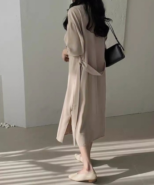 ONEP STAR（ワンピスター）の「サイドスリット×ウエストマークワンピース（シャツワンピース・レディース・ベージュ/ブラック/ライトブラウン・FREE）」の8枚目の写真