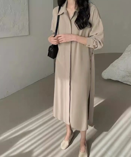 ONEP STAR（ワンピスター）の「サイドスリット×ウエストマークワンピース（シャツワンピース・レディース・ベージュ/ブラック/ライトブラウン・FREE）」の10枚目の写真