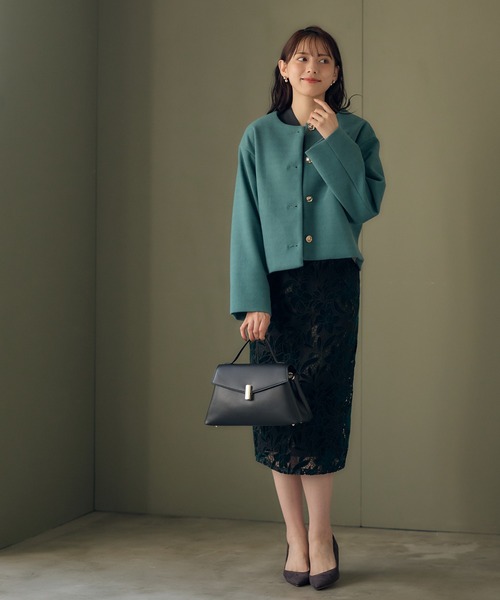 12Twelve Agenda(トゥエルブ アジェンダ)の「フェイクウールノーカラージャケット(ノーカラージャケット・レディース・チャコールグレー/オフホワイト/グリーン・M)」の14枚目の写真